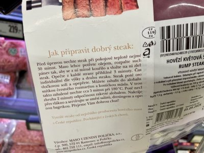 Etiketa baleného hovězího steaku