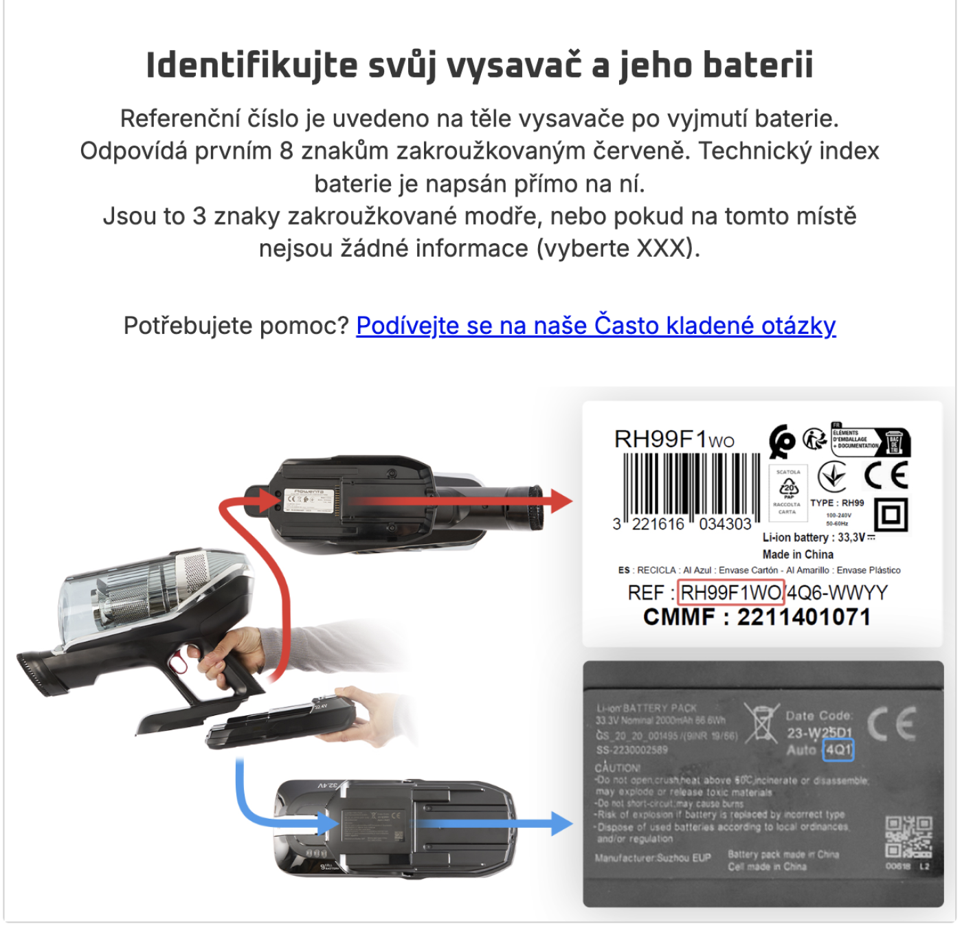 Pokyn k identifikaci vysavače a jeho baterie
