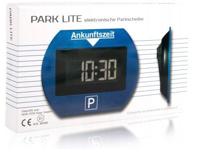 Bílá krabička s modro-černými elektronickými parkovacími hodinami