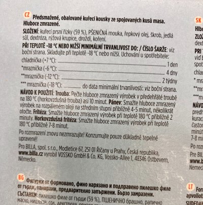 Etiketa na obalu produktu Billa Dino Shaped Chicken Nuggets