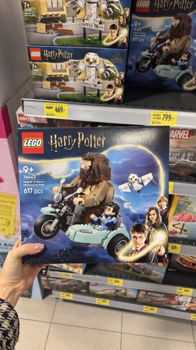 LEGO kolekce Harry Potter - Hagrid s Harrym na motorce (799 Kč) nebo sovu Hedviku a Zobí ulici (469 Kč)
