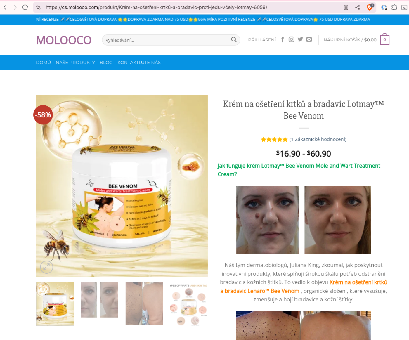 Webové stránky nabízející podvodný produkt