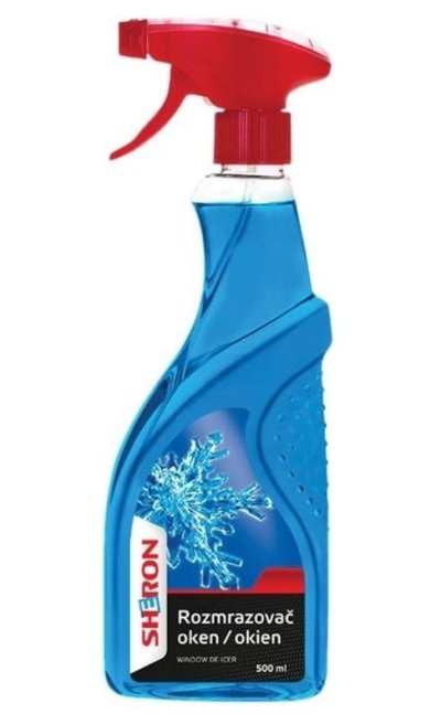 Sprej s modrou tekutinou a červeným rozprašovačem