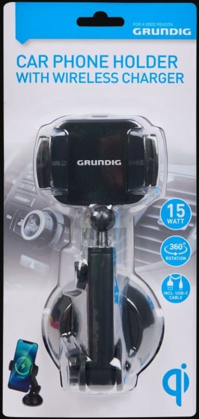 Průhledné plastové balení s černým držákem na mobilní telefon