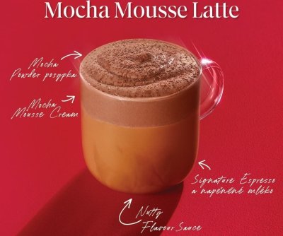 Mocha Mousse Latte ve skleněném hrnku na červeném pozadí