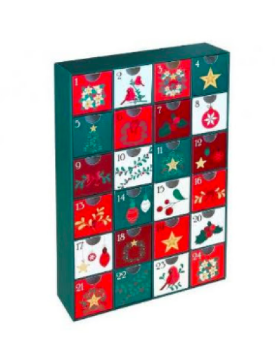 Adventní kalendář v podobě zelené papírové skříňky s ozdobenými šuplíčky