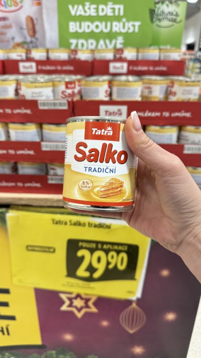 Kondenzované mléko Salko Tatra aktuálně v akci koupíte za 29,90 Kč - cena platí s aplikací