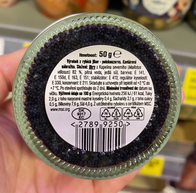 Etiketa na obalu produktu Albert Kaviár z kapelina severního