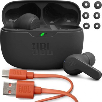 Černá bezdrátová sluchátka a nabíjecí pouzdro JBL Wave Beam2