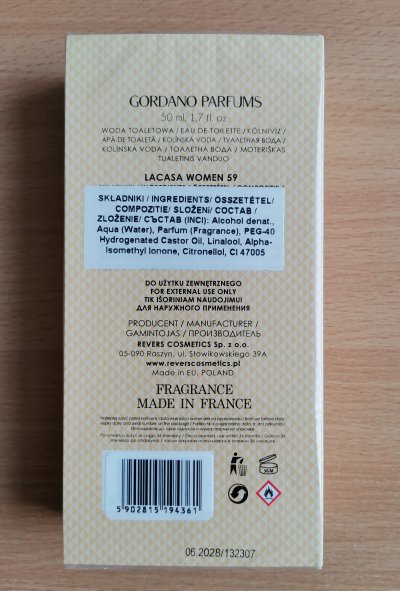 Etiketa na obalu parfému Gordano Parfums LACASA Pour Femme 50 ml