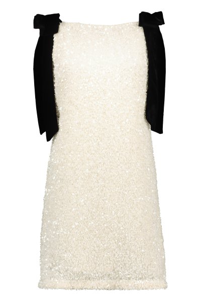 Krémové šaty s flitry a černými mašlemi