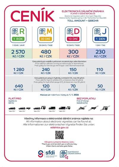 Ceník dálničních známek pro rok 2026