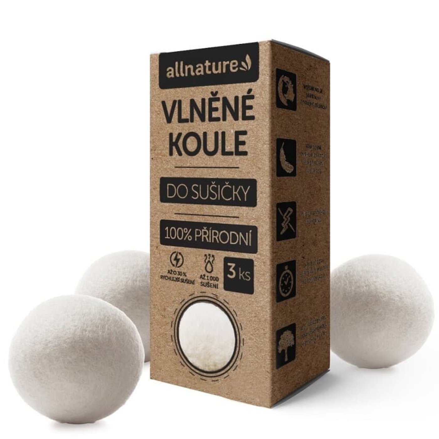 Vlněné koule do sušičky spolu s produktovým obalem