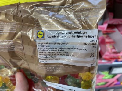 Etiketa na obalu želatinových bonbonů