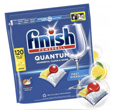 Kapsle do myčky v produktovém obalu značky Finish