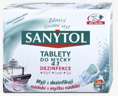 Tablety do myčky v produktovém obalu značky Sanytol