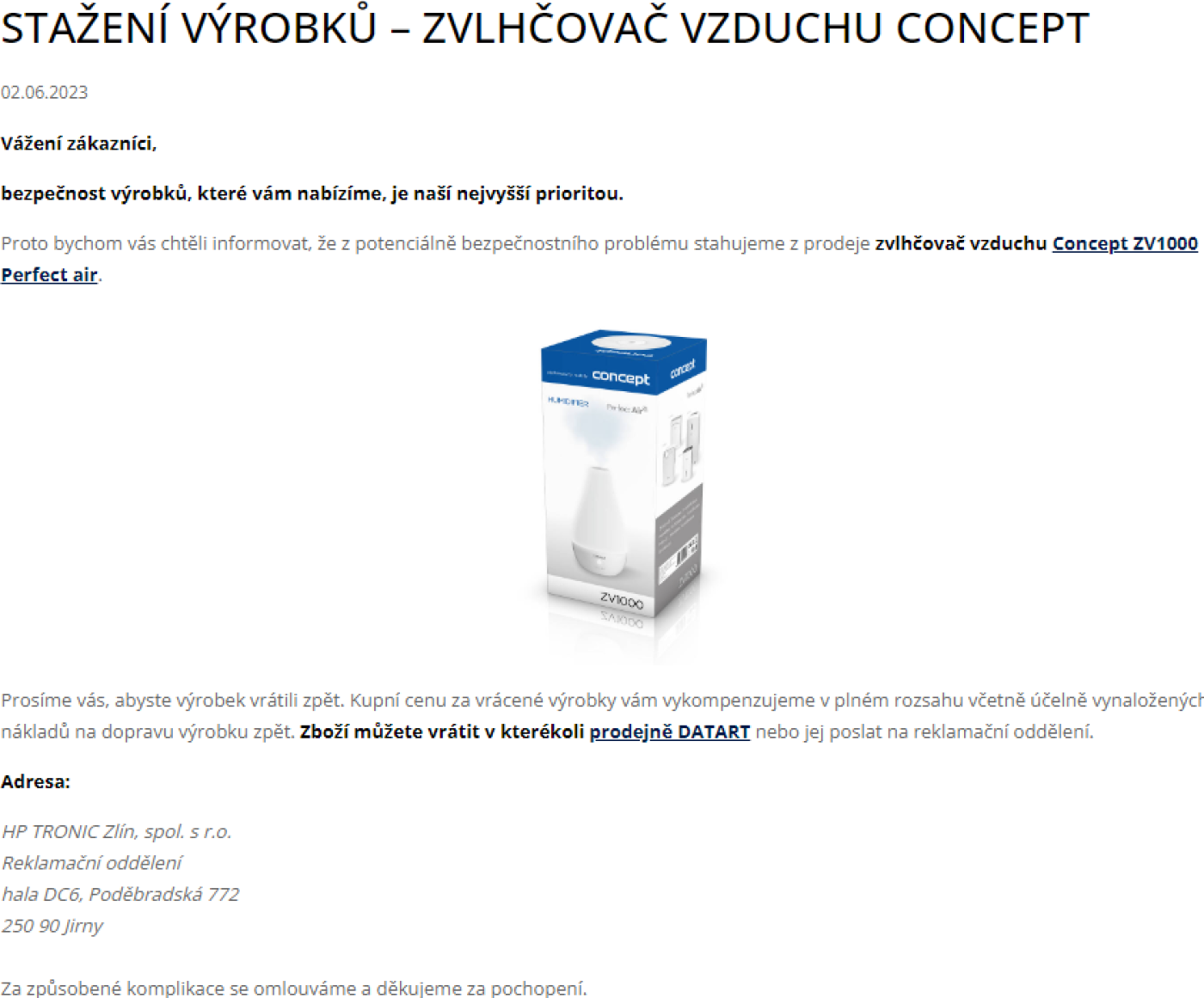 Oznámení o stažení výrobku v Datartu