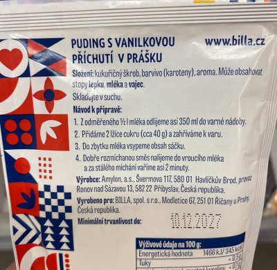 Etiketa na obalu práškového pudinku