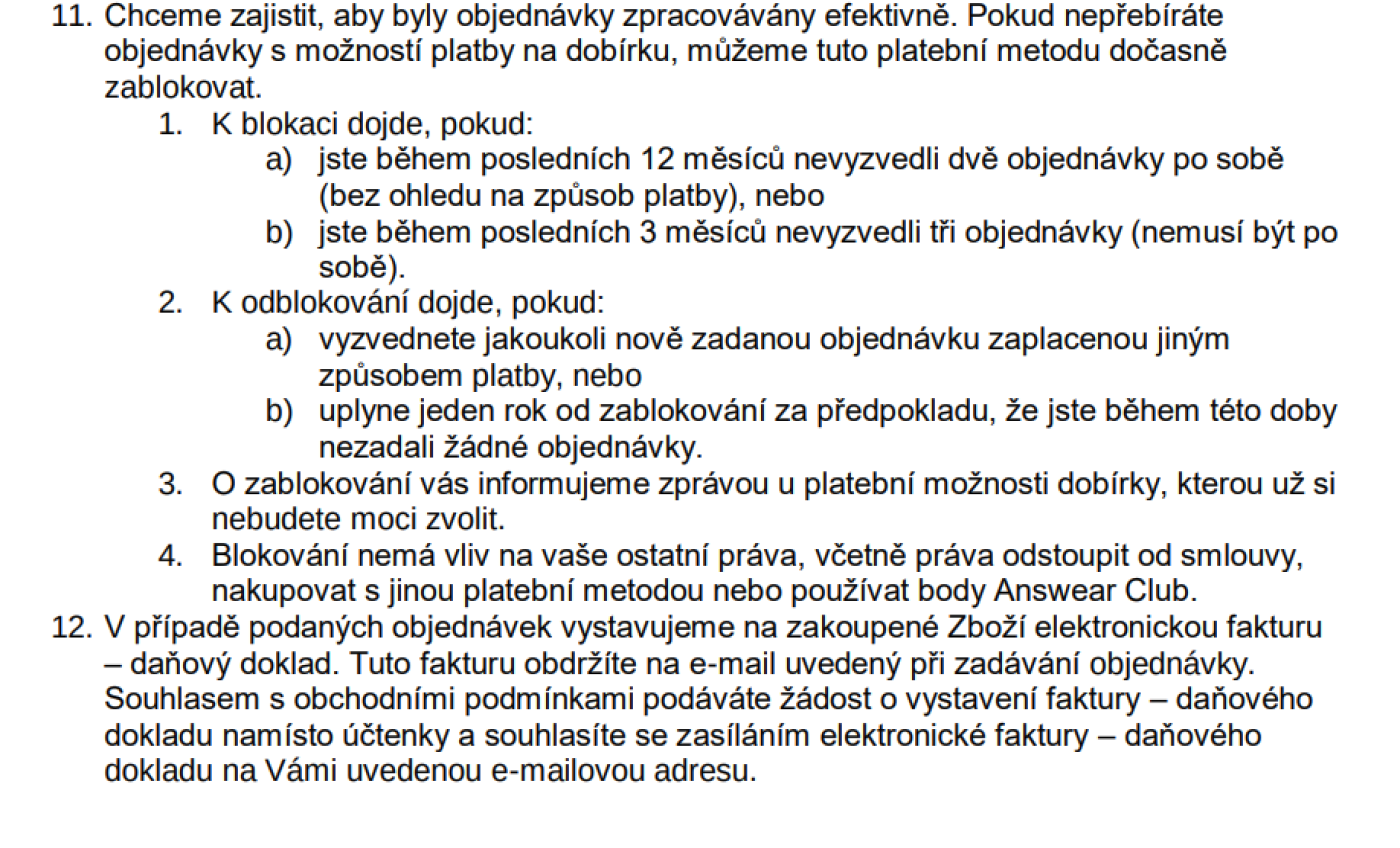 Výňatech z obchodních podmínek online obchodu Answear