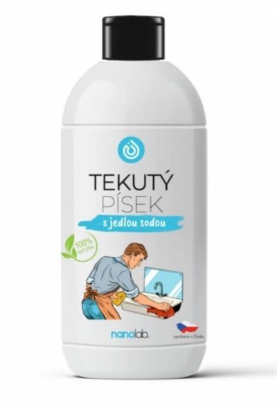 Šedá lahev s černým uzávěrem tekutého písku značky Nanolab