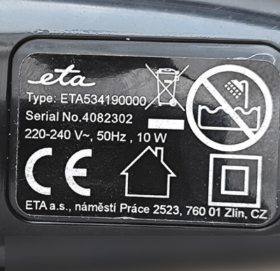 Produktové informace na výrobku ETA