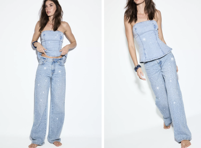 Modelka v denimovém outfitu se štrasy