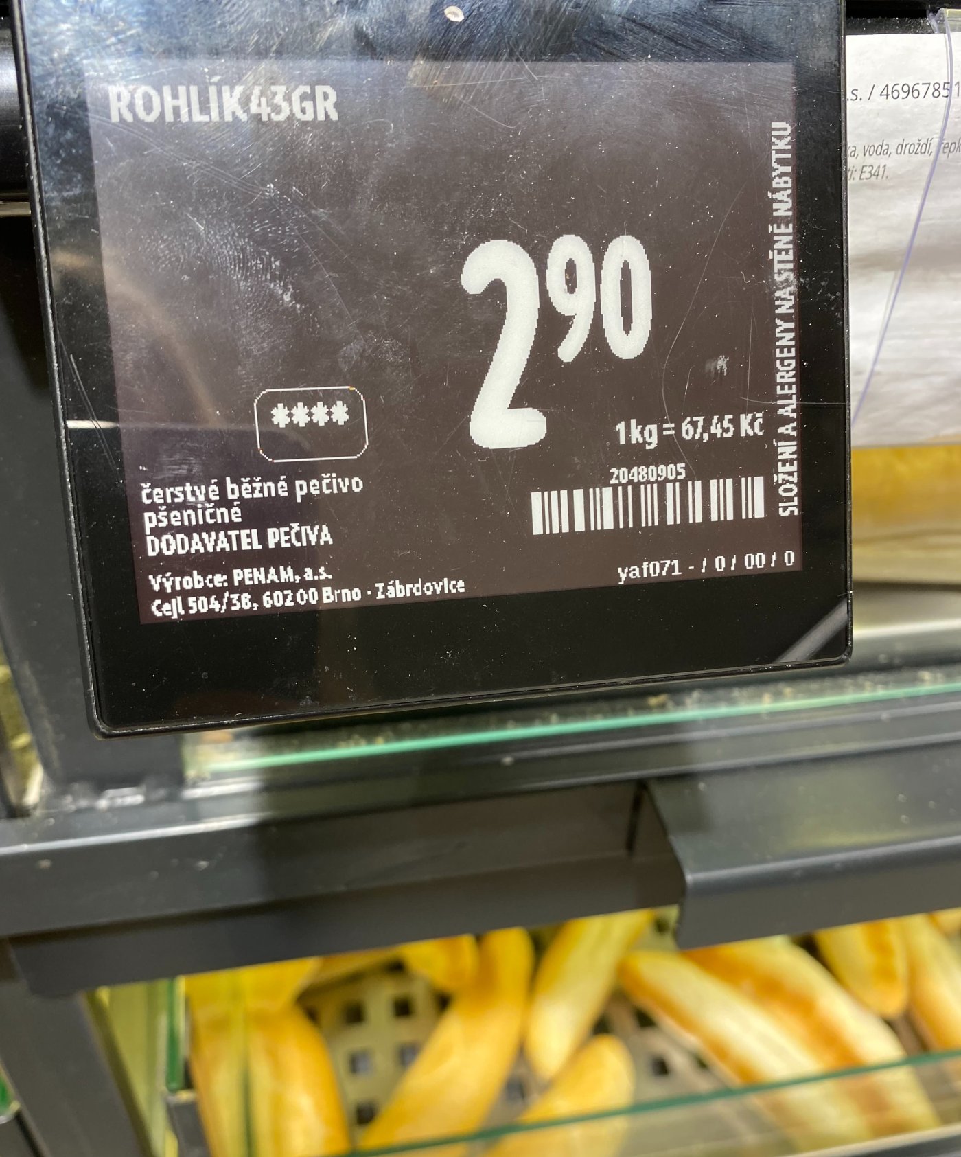 Štítek s označením pečiva a cenou