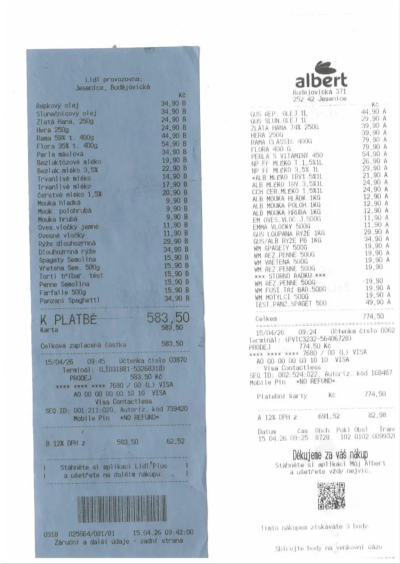 Srovnání účtenek s Albertem