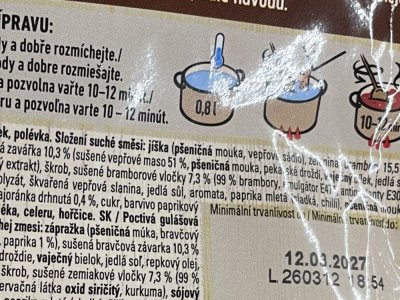 Zadní strana obalu polévky v sáčku