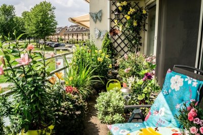 Balkon plný rostlin s modrým lehátkem