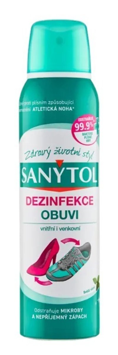 Zeleno-bílý sprej s dezinfekcí do obuvi Sanytol