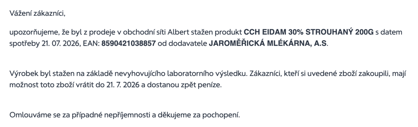 Oznámení o stažení sýru eidam v Albertu