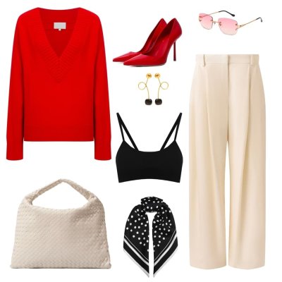 Módní outfit se světlými kalhotami a červeným svetrem