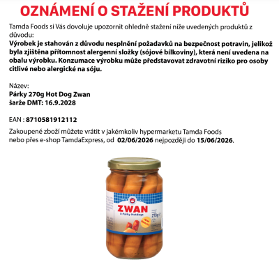 Oznámení o stažení párků Zwan