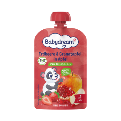 BABYDREAM BIO OVOCNÝ PŘÍKRM JAHODY, GRANATOVÉ JABLKO A JABLKO