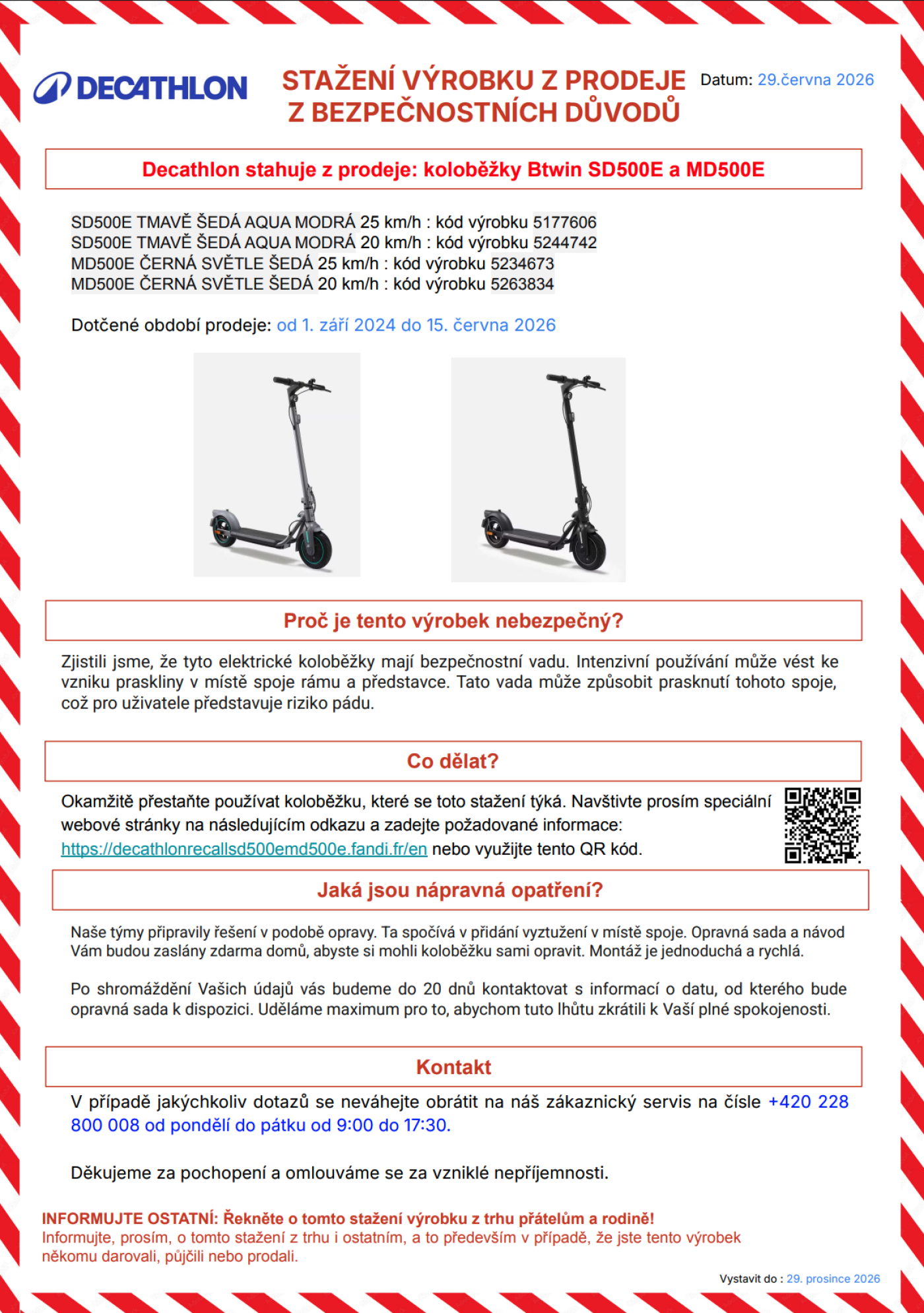 Oznámení o stažení elektrokoloběžek z Decathlonu