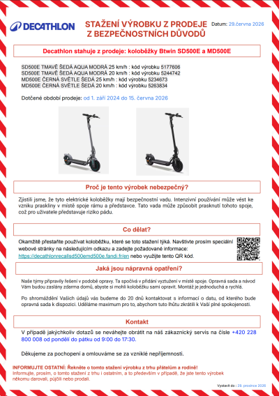 Oznámení o stažení elektrokoloběžek z Decathlonu