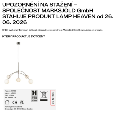 Oznámení o stažení lustrů Zalando