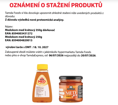 Upozornění o stažení medu