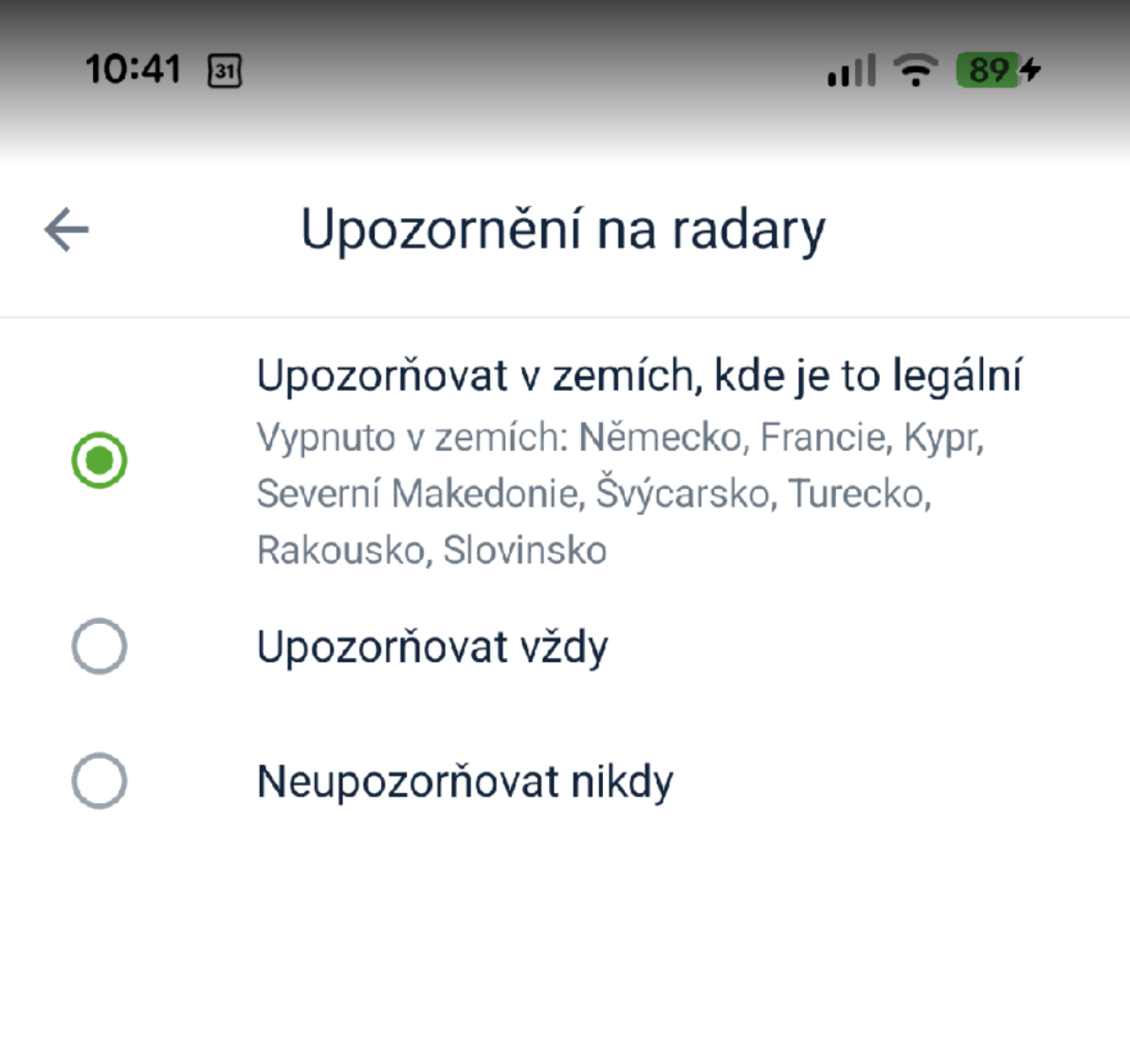Funkce upozornění na radary v nastavení aplikace Mapy.com