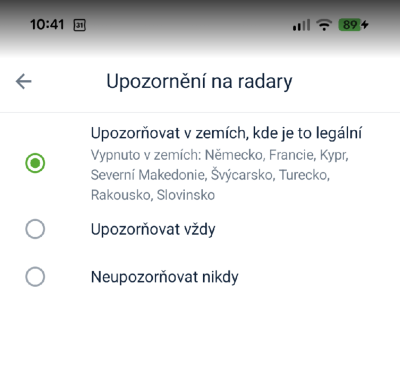 Funkce upozornění na radary v nastavení aplikace Mapy.com