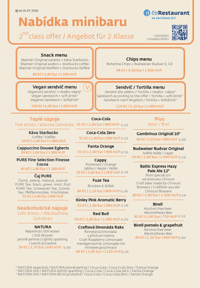 Menu ve vlaku Českých drah