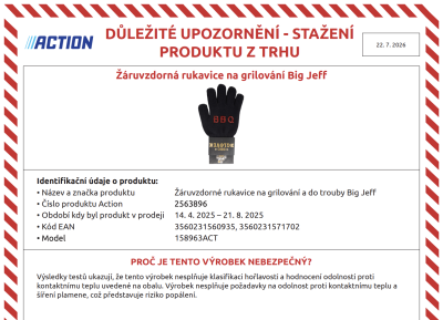 Oznámení o stažení rukavice z Actionu