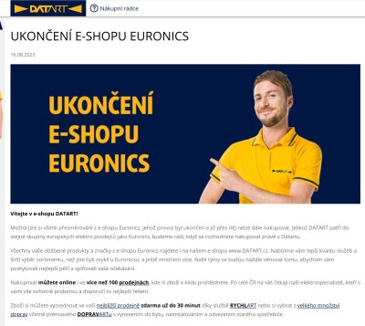 Náhled na zprávu o ukončení e-shopu Euronics