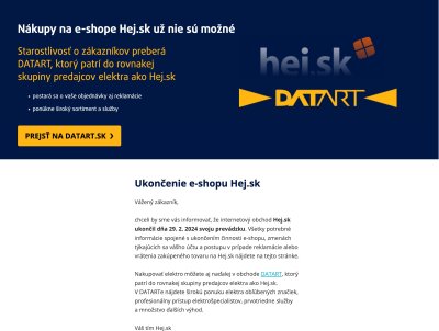 Náhled na zprávu o ukončení e-shopu Hej