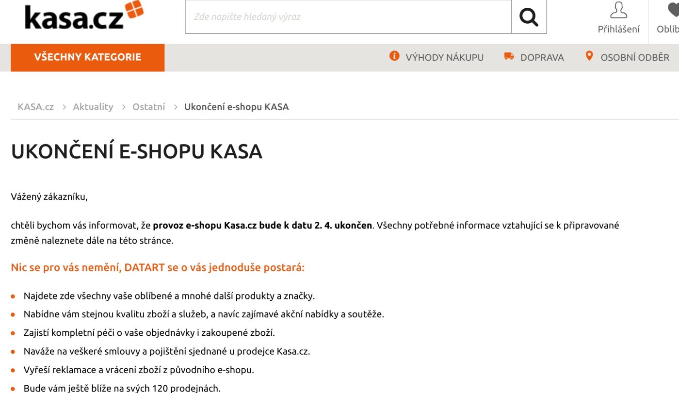 Náhled na zprávu o ukončení e-shopu Kasa