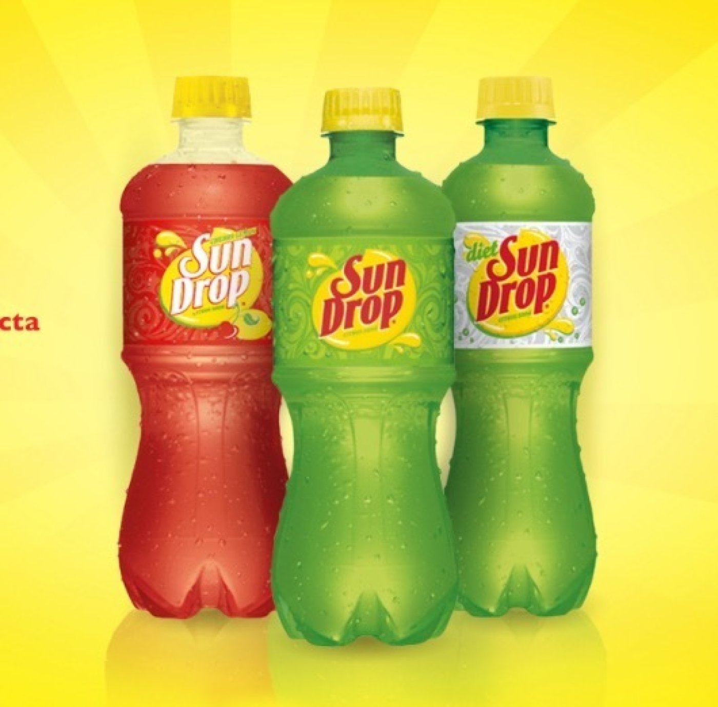 Produktová fotografie nápoje Sun Drop v červené a zelené variantě