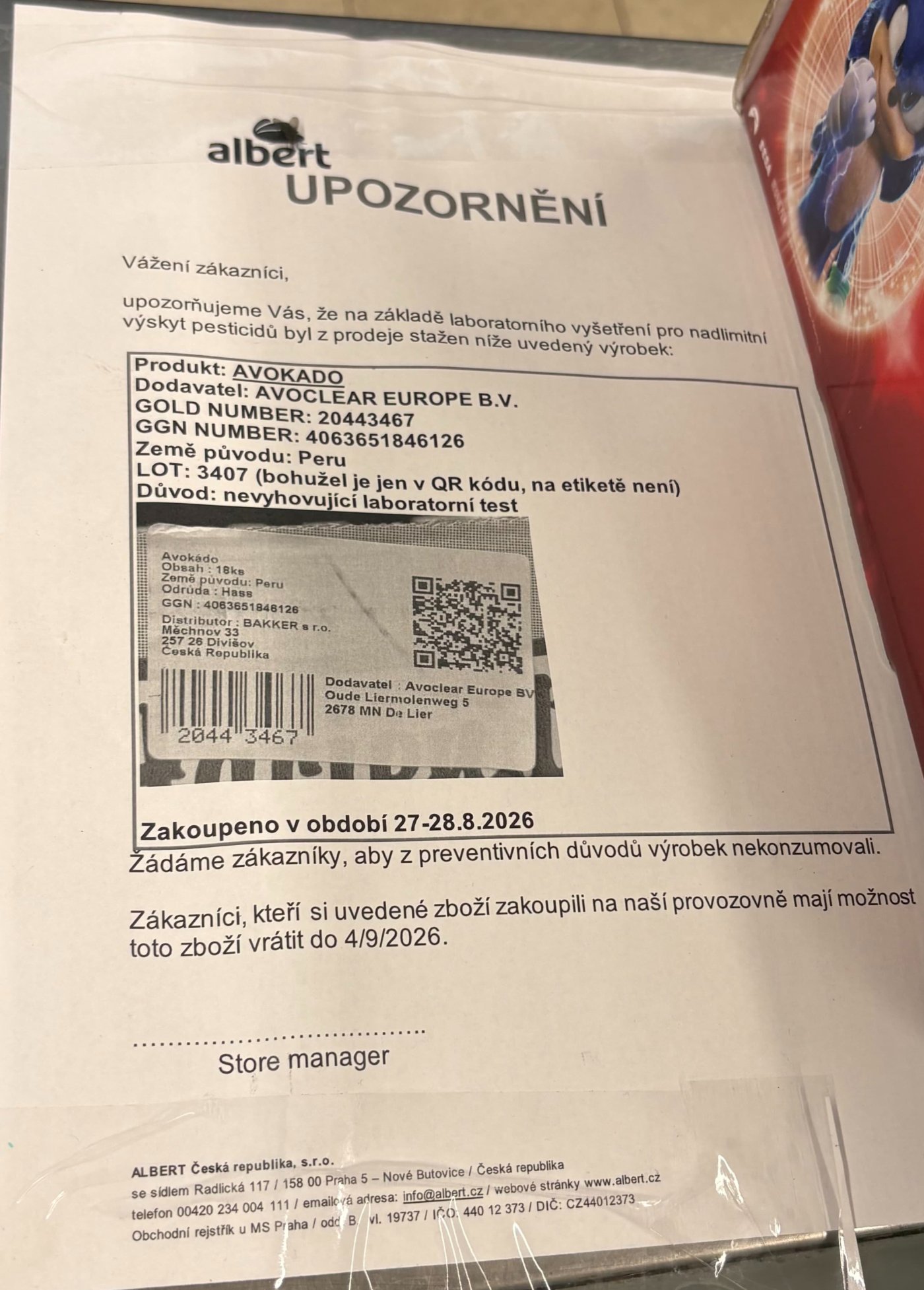 Oznámení o stažení avokáda