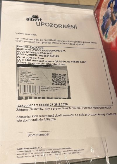 Oznámení o stažení avokáda