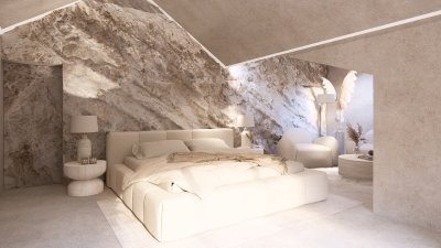 Útulná moderní ložnice v béžových odstínech